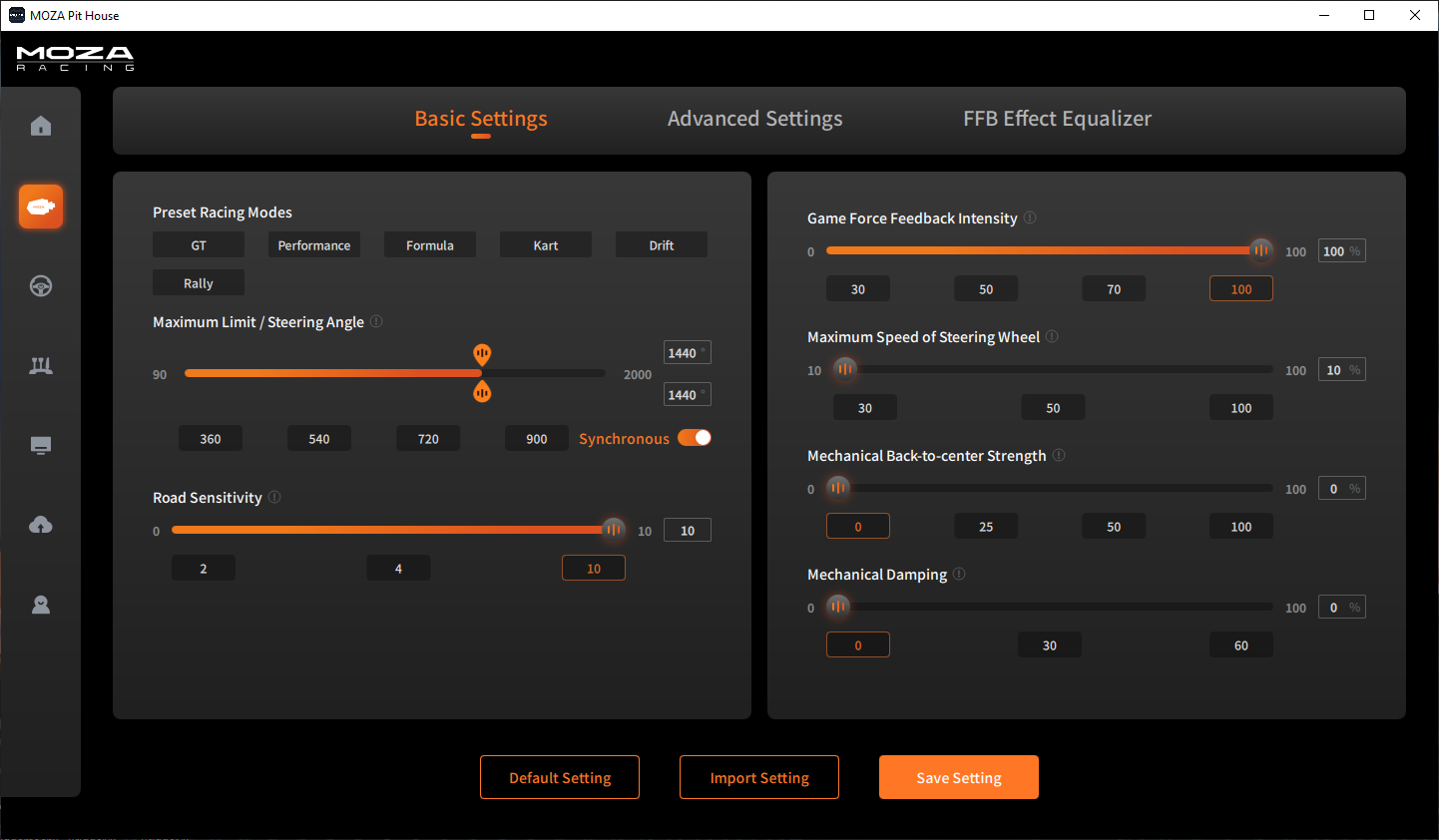 Moza Pit House Basic Settings as Studio 397 recommends for rFactor 2