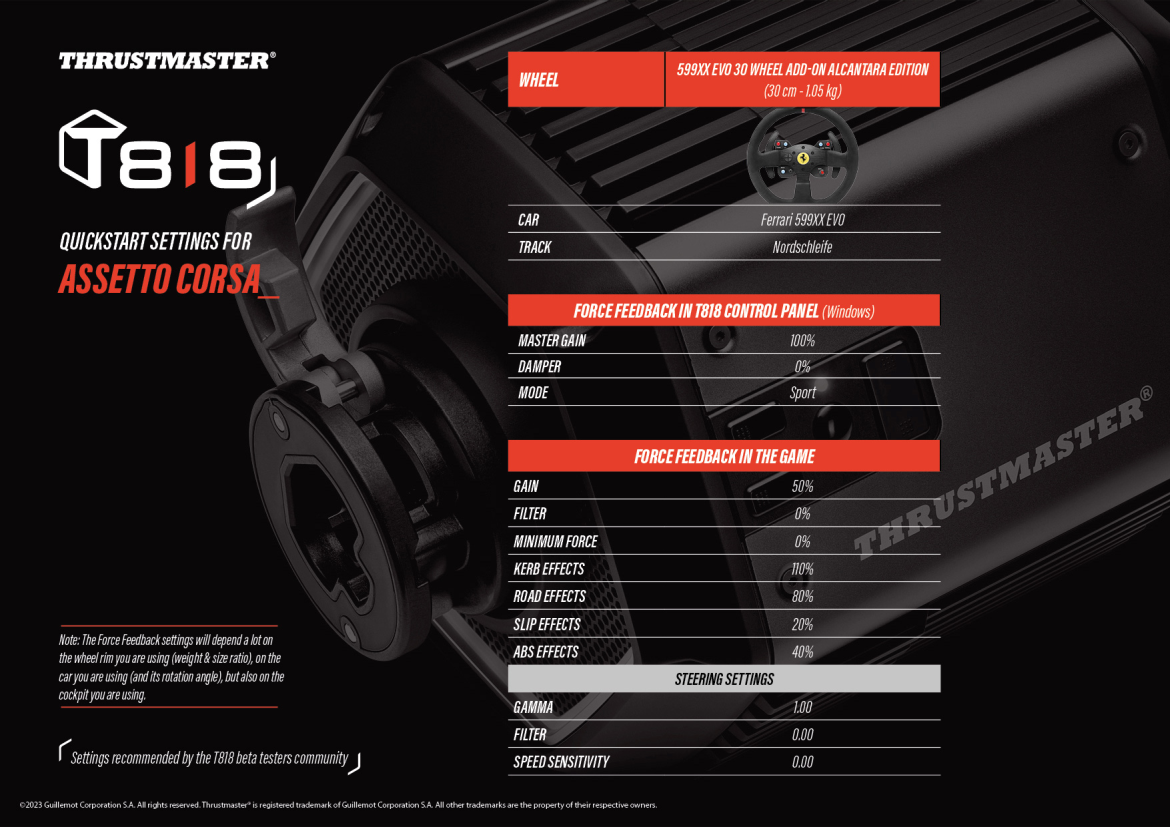Thrustmaster T818 quickstart force feedback settings for Assetto Corsa
