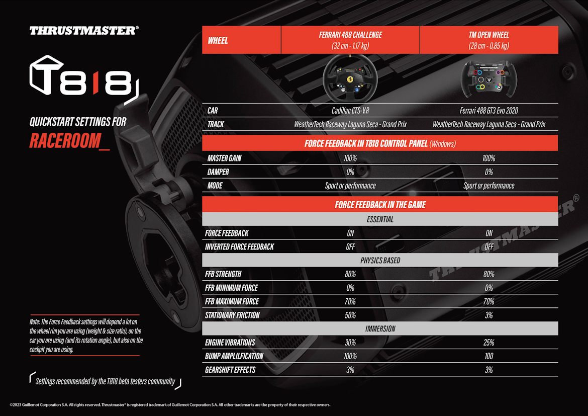 Thrustmaster T818 quickstart force feedback settings for RaceRoom