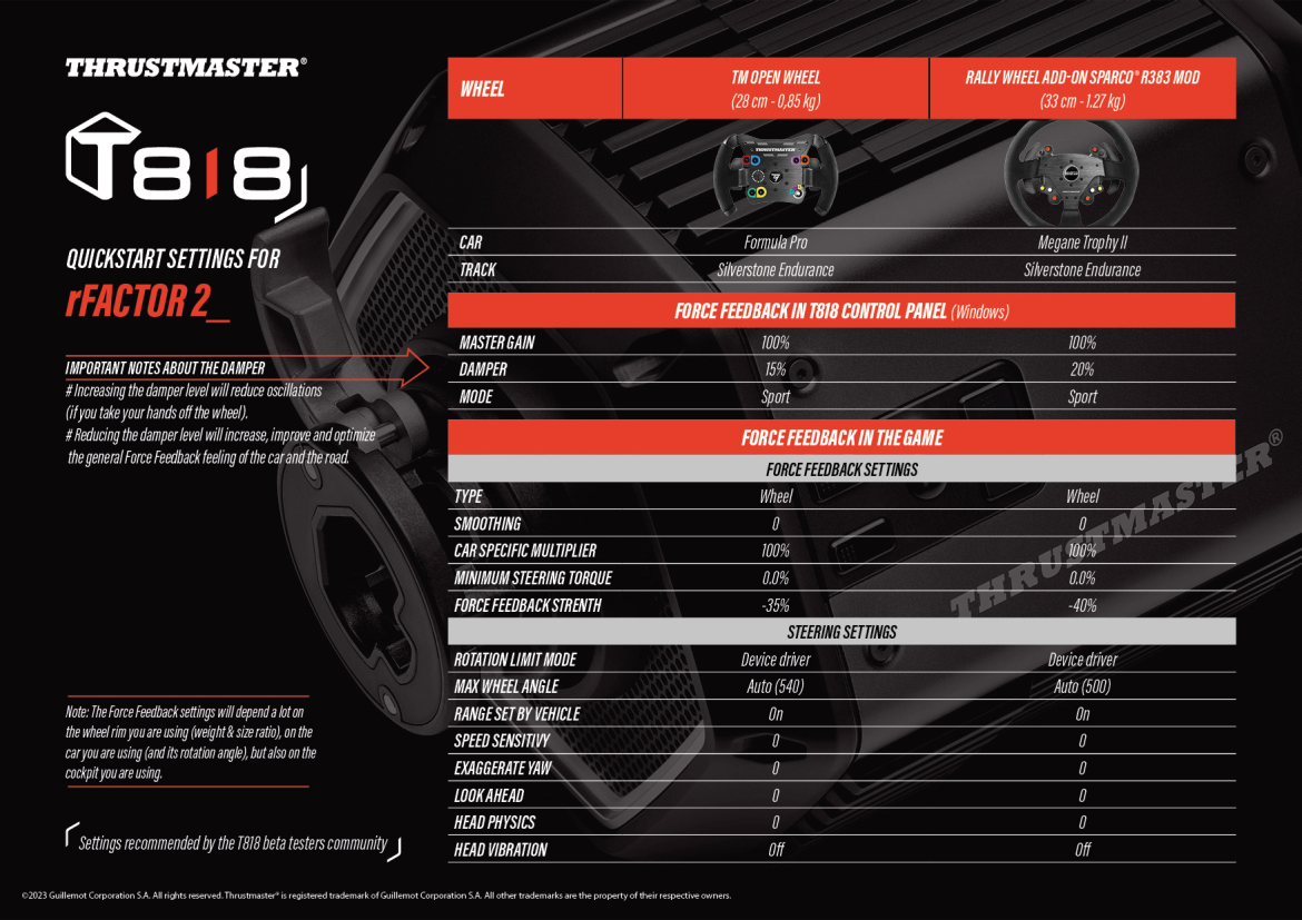 Thrustmaster T818 quickstart force feedback settings for rFactor 2