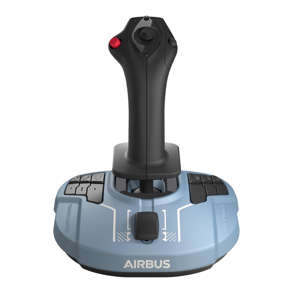Thrustmaster TCA Sidestick Airbus Edition flight stick with its light blue base