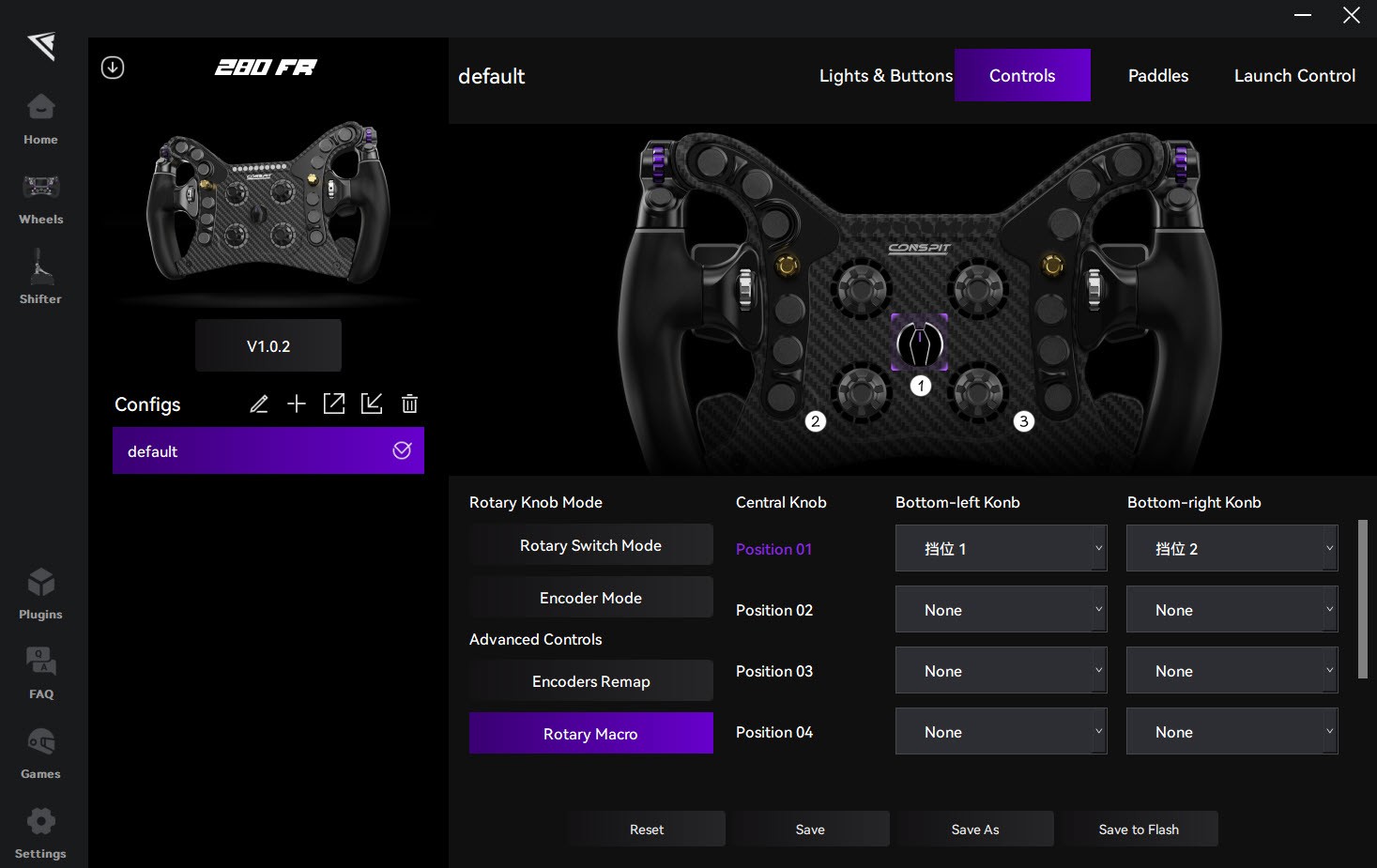 CONSPIT Link 2.0 Controls tab with Rotary Macro selected, showing a table of central knob positions and bottom knob dropdowns
