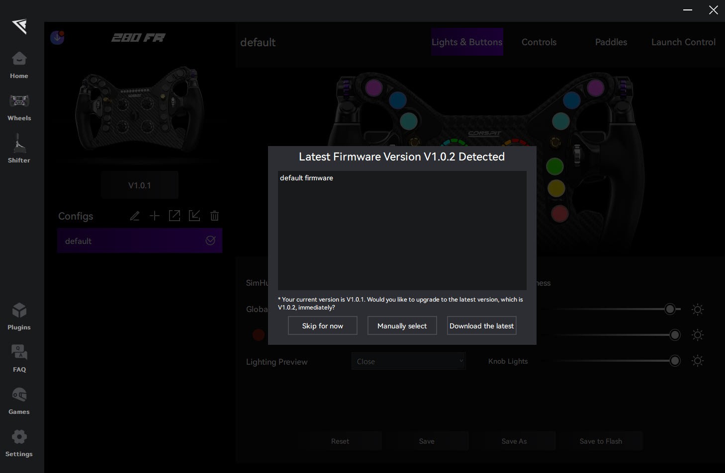 CONSPIT Link 2.0 prompt offering a firmware update from V1.0.1 to V1.0.2