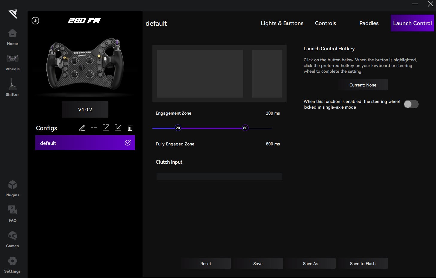 CONSPIT Link 2.0 Launch Control tab for the 280 FR, Engagement Zone 200 ms and Fully Engaged Zone 800 ms
