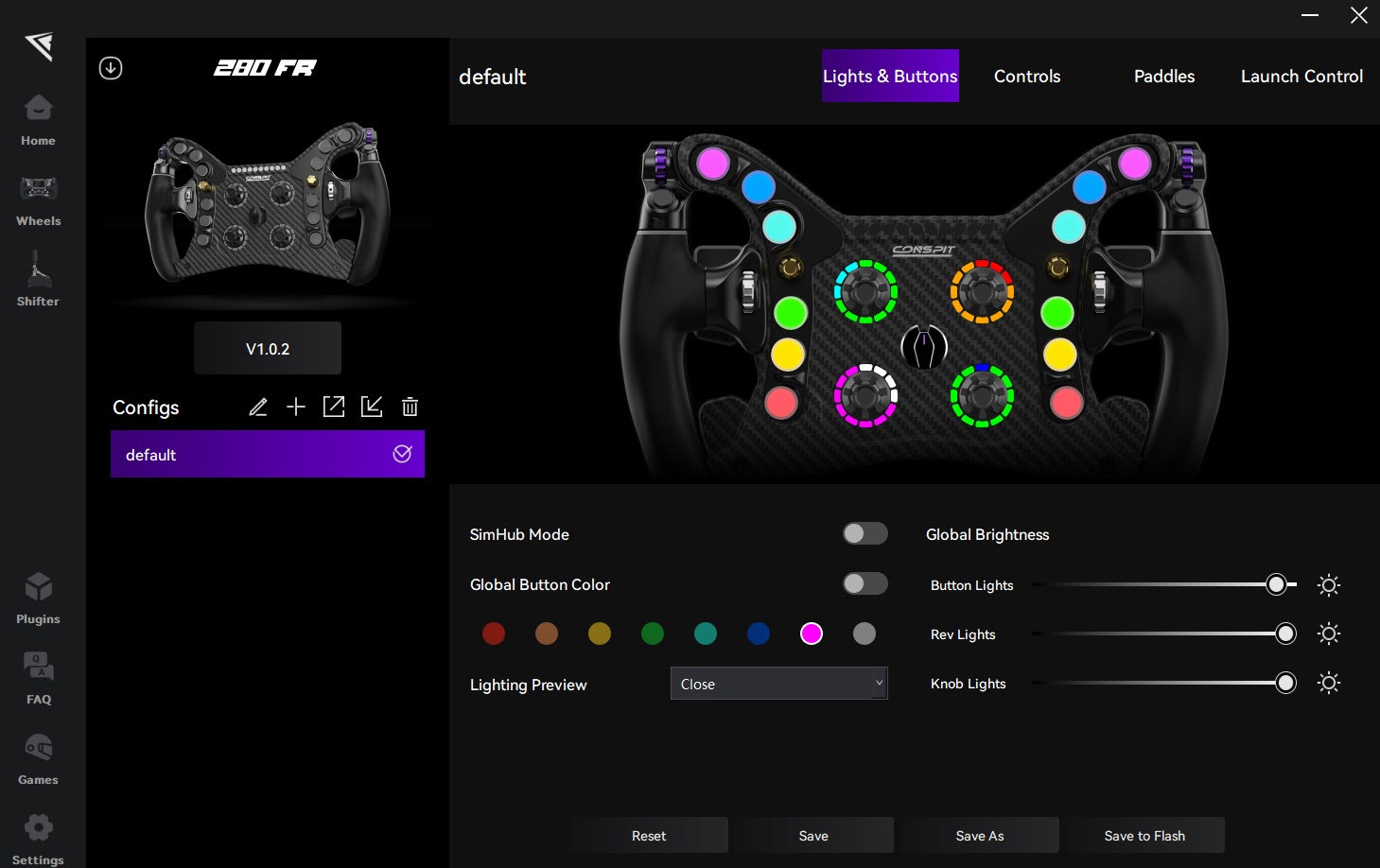 CONSPIT Link 2.0 Lights and Buttons tab for the 280 FR, with SimHub Mode, Global Button Color and brightness sliders