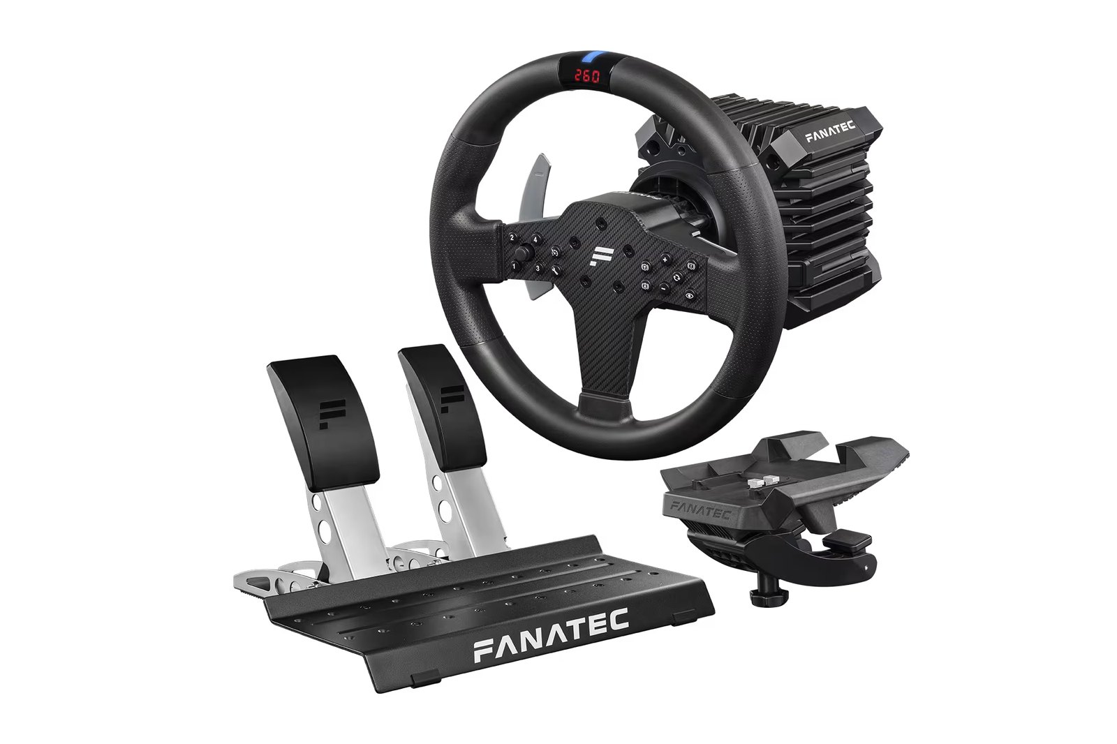 Fanatec CSL DD Ready2Race bundle: CSL DD base, CSL Steering Wheel P1 V2, CSL Pedals and table clamp
