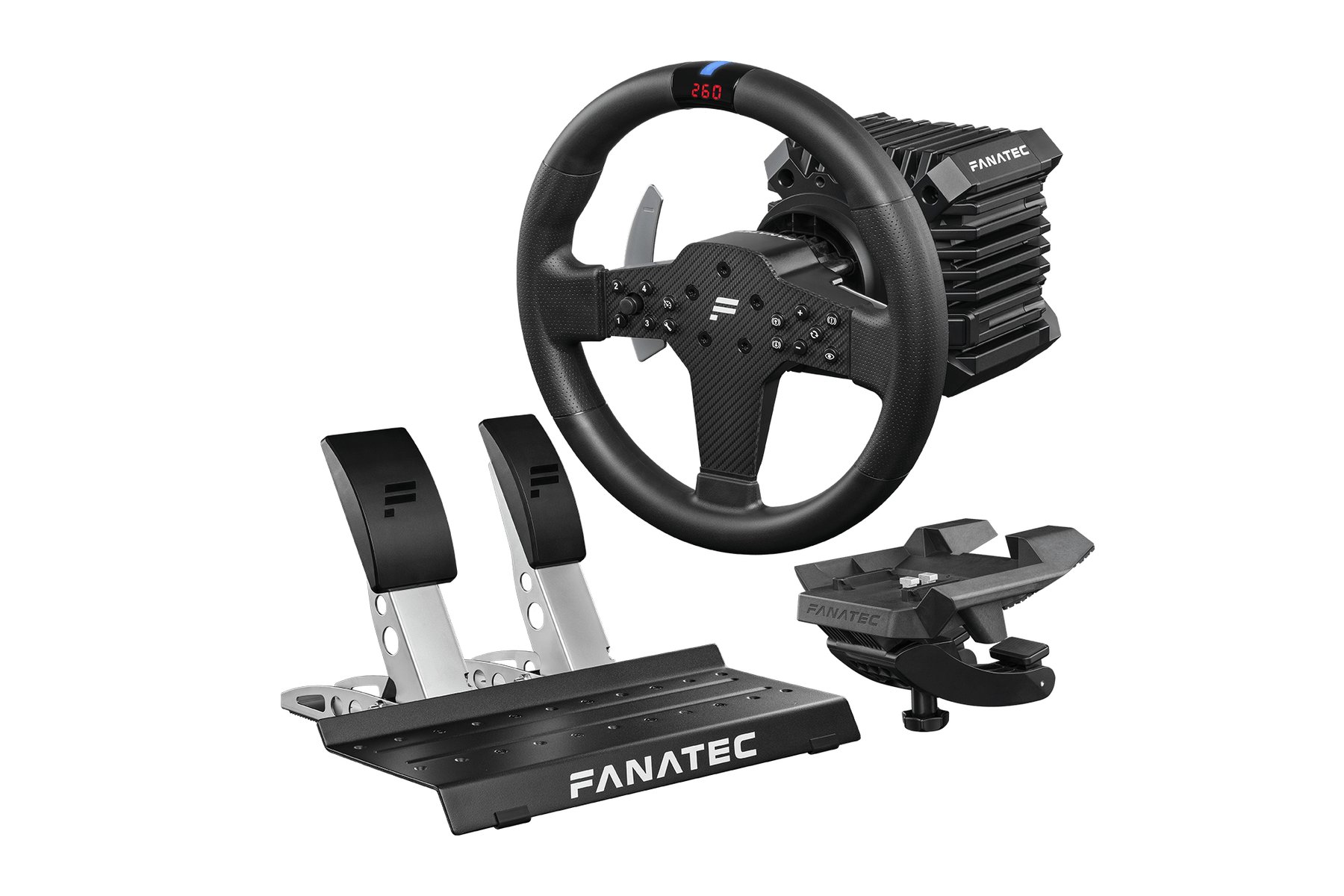 Fanatec CSL DD Ready2Race bundle with the direct drive base, a round wheel and a pedal set