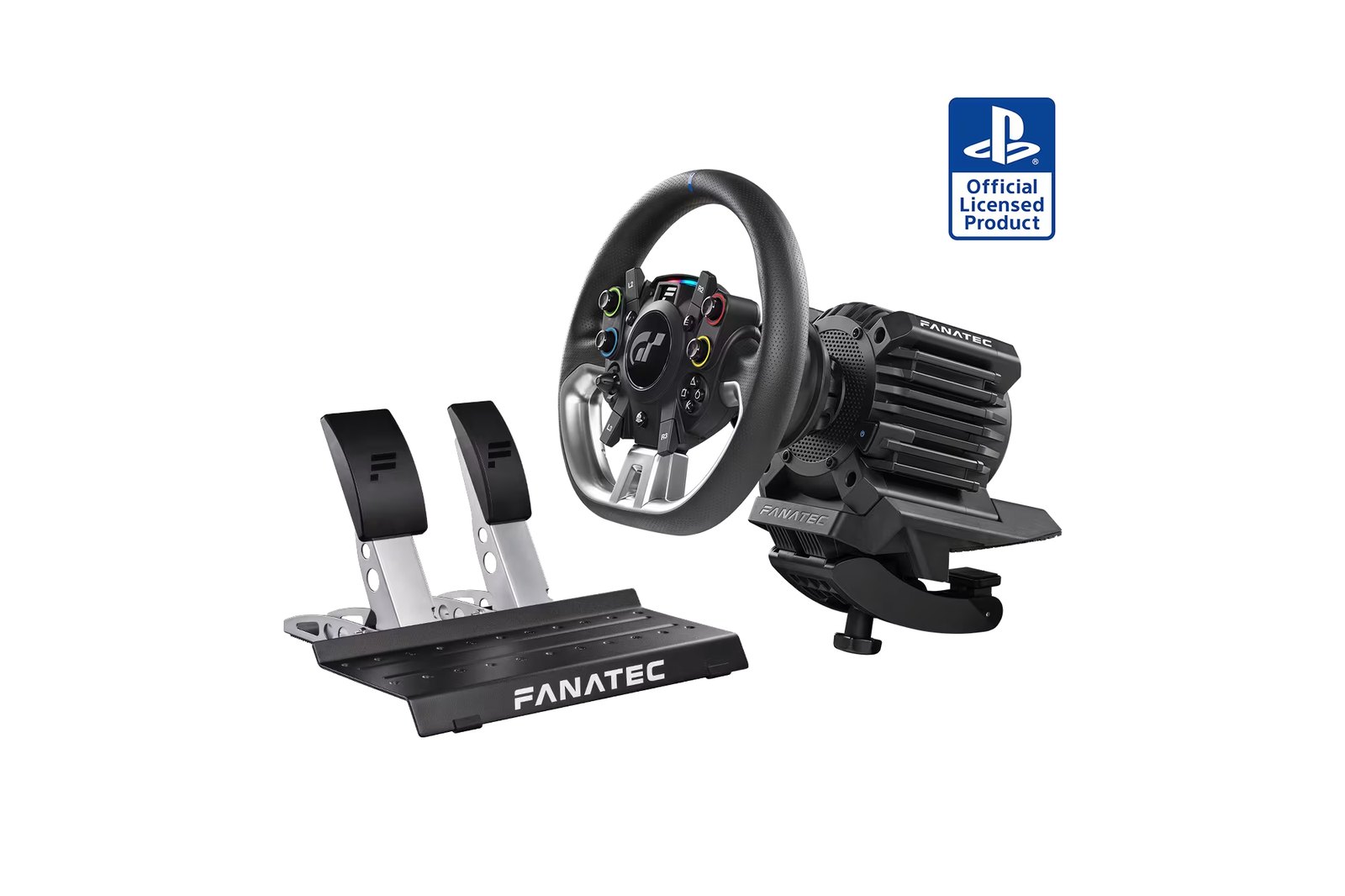 Fanatec Gran Turismo DD Pro base, steering wheel and two pedals