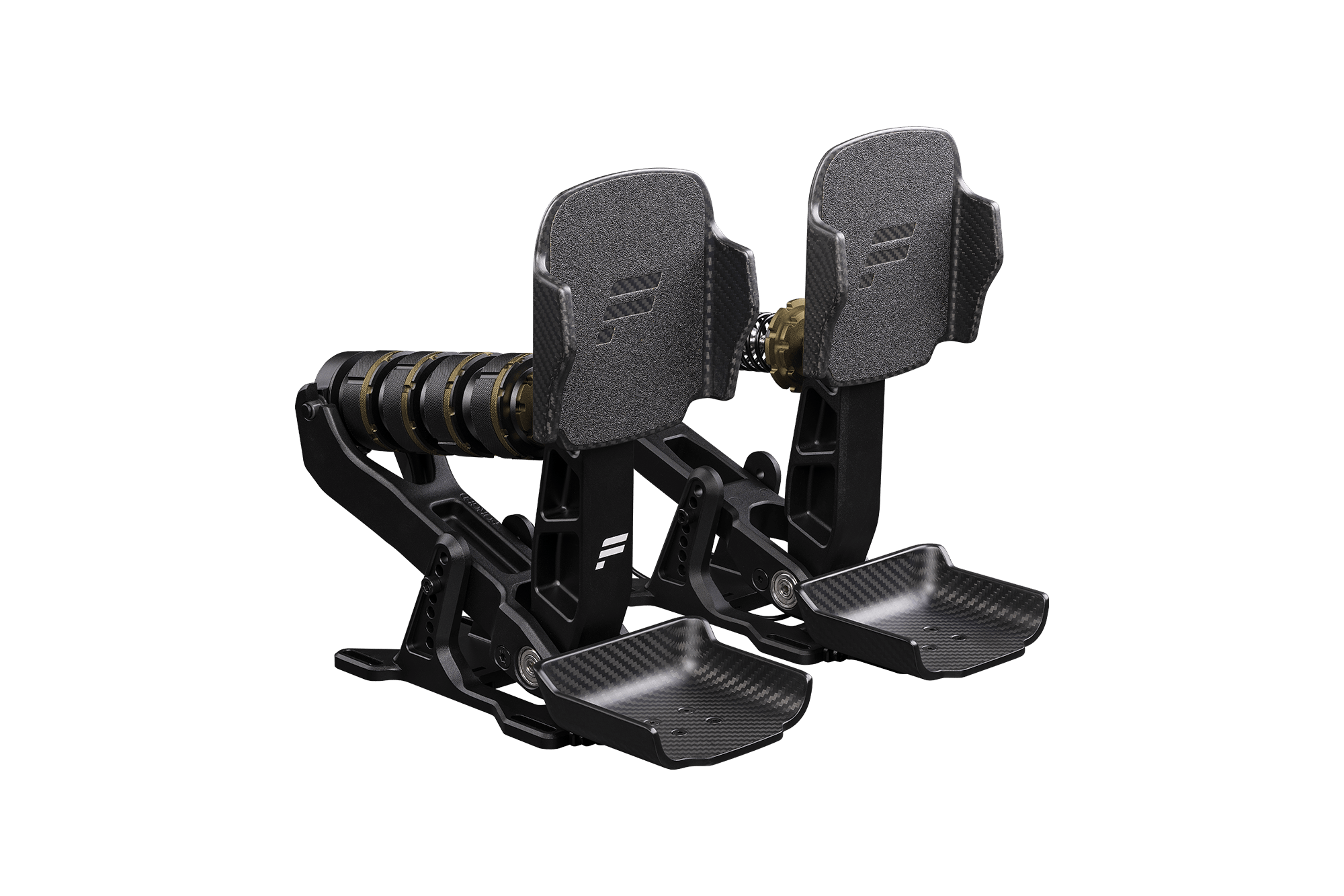 Fanatec Podium Pedals Formula from the front left, showing the carbon pedal plates, the carbon heel cups and the brake's gold-ringed threaded cups