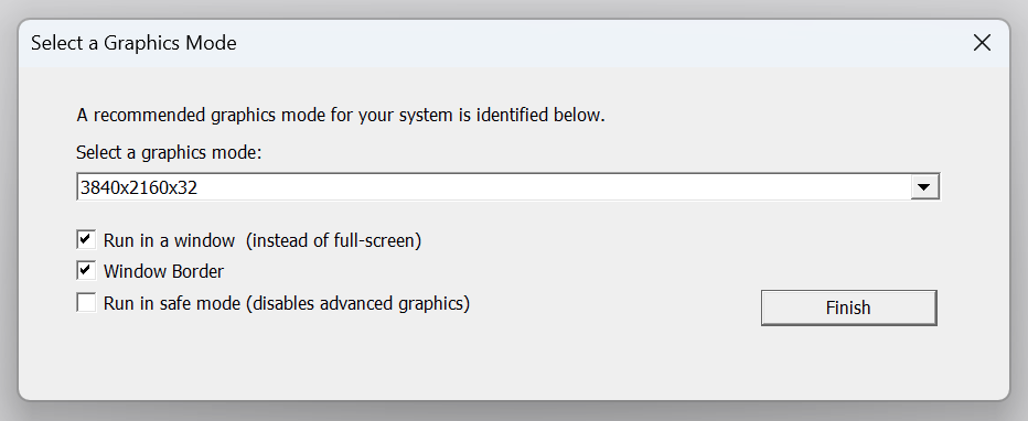 iRacing Select a Graphics Mode dialog with Run in a window and Window Border ticked