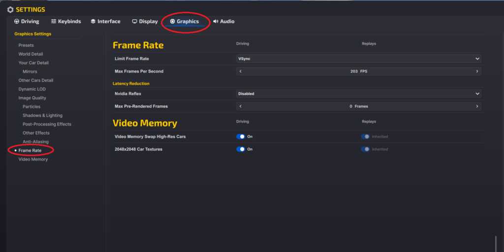 iRacing Graphics settings Frame Rate panel with Max Frames Per Second