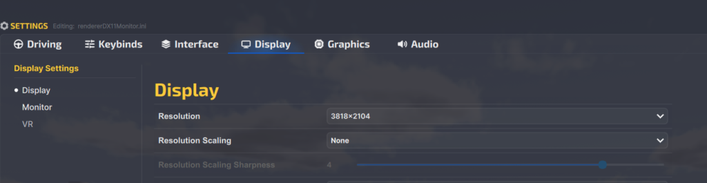 iRacing sim Settings Display tab editing rendererDX11Monitor.ini