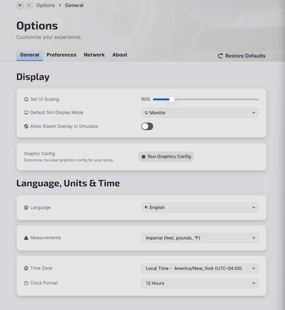 iRacing UI Options General tab with the Run Graphics Config button