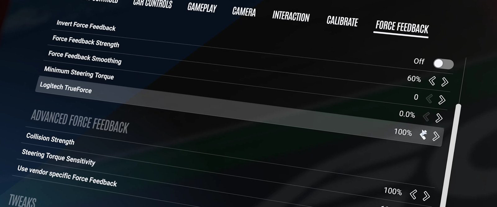 Le Mans Ultimate Controls settings open on the Force Feedback tab, with the Car Controls, Gameplay, Camera, Interaction and Calibrate tabs to its left and the first tab cut off at the top