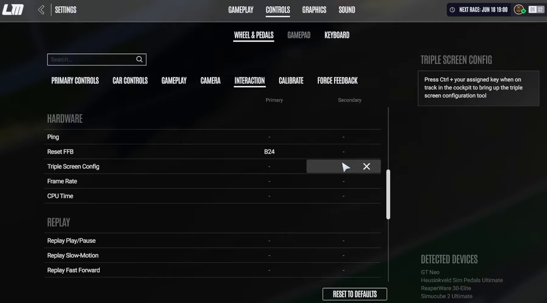 Le Mans Ultimate Controls settings, Interaction tab, Hardware section with the Triple Screen Config binding and its tooltip