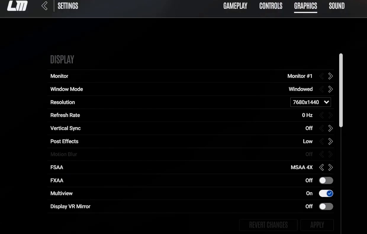Le Mans Ultimate Graphics settings with Window Mode Windowed, Resolution 7680x1440 and Multiview On