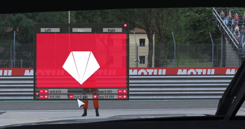 Le Mans Ultimate triple screen tool showing the Left, Main and Right buttons and the w, h, eye, gap and ang fields