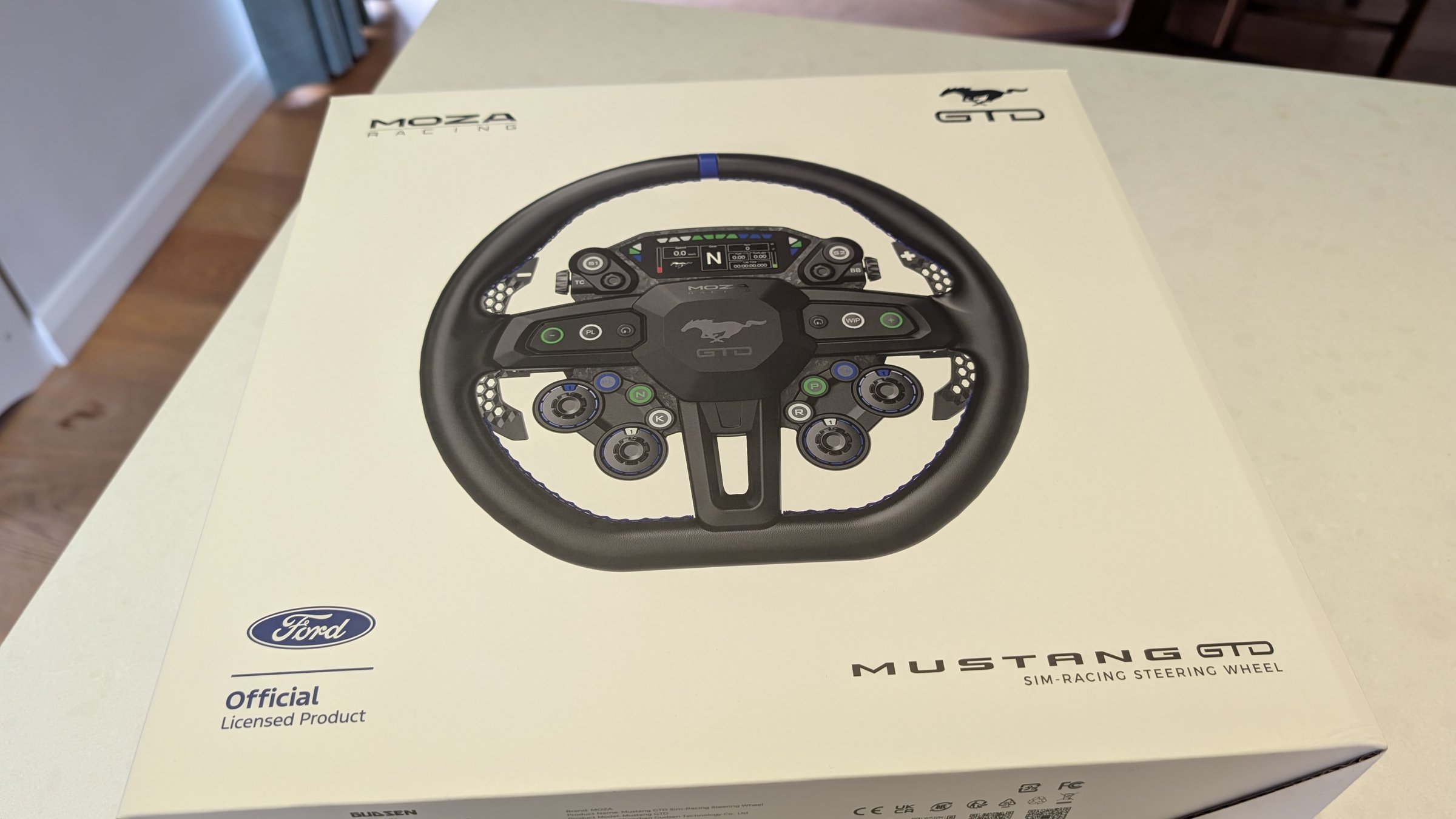 MOZA Mustang GTD sim racing steering wheel retail box with the Ford logo and the words Official Licensed Product