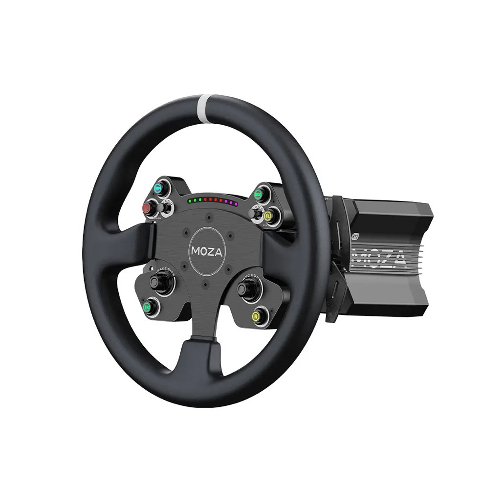 MOZA R12 V2 direct drive base with a CS V2P round wheel