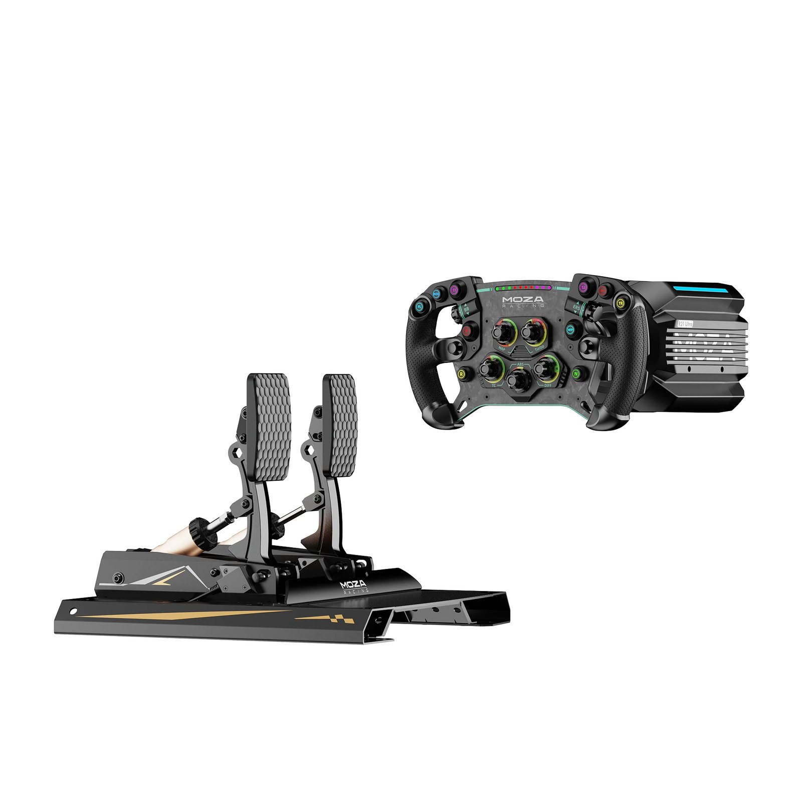 MOZA R21 Ultra base with a steering wheel and CRP2 load cell pedals