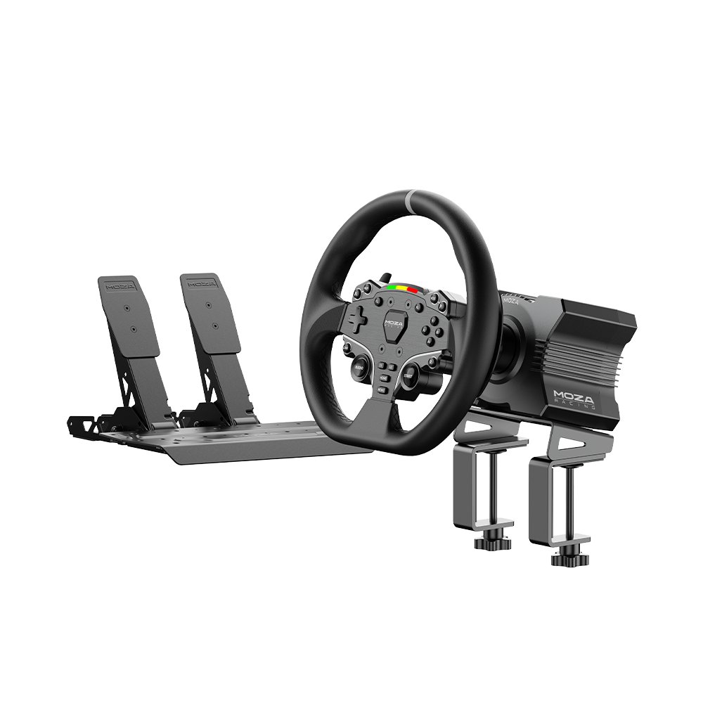 MOZA R5 direct drive bundle with wheel, pedals and desk clamps