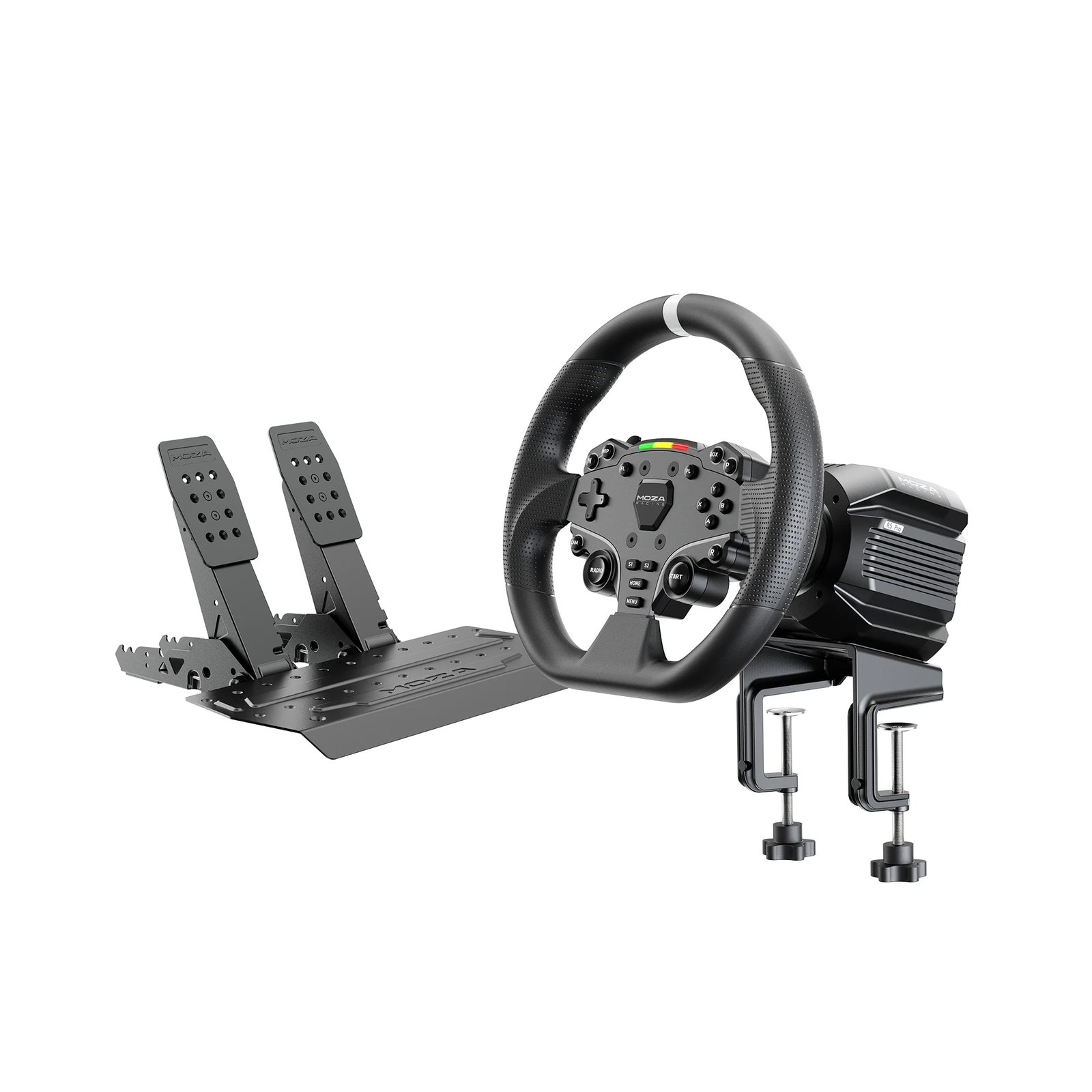 MOZA R5 Pro bundle: R5 Pro base, ES Lite steering wheel, SRP Lite2 pedals and table clamp