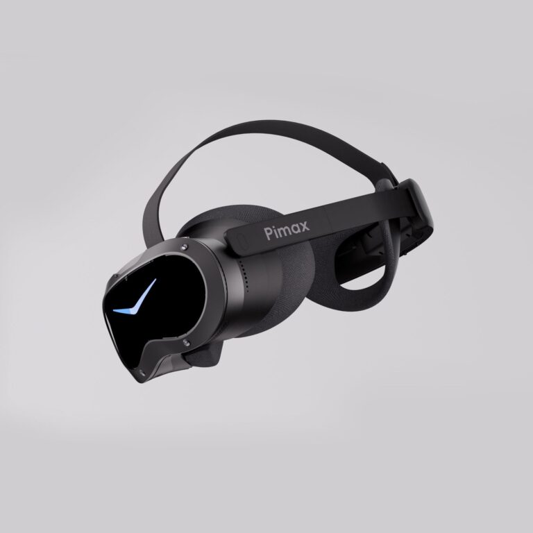 Pimax Crystal Pro headset side on, black, with the Pimax logo on the side arm