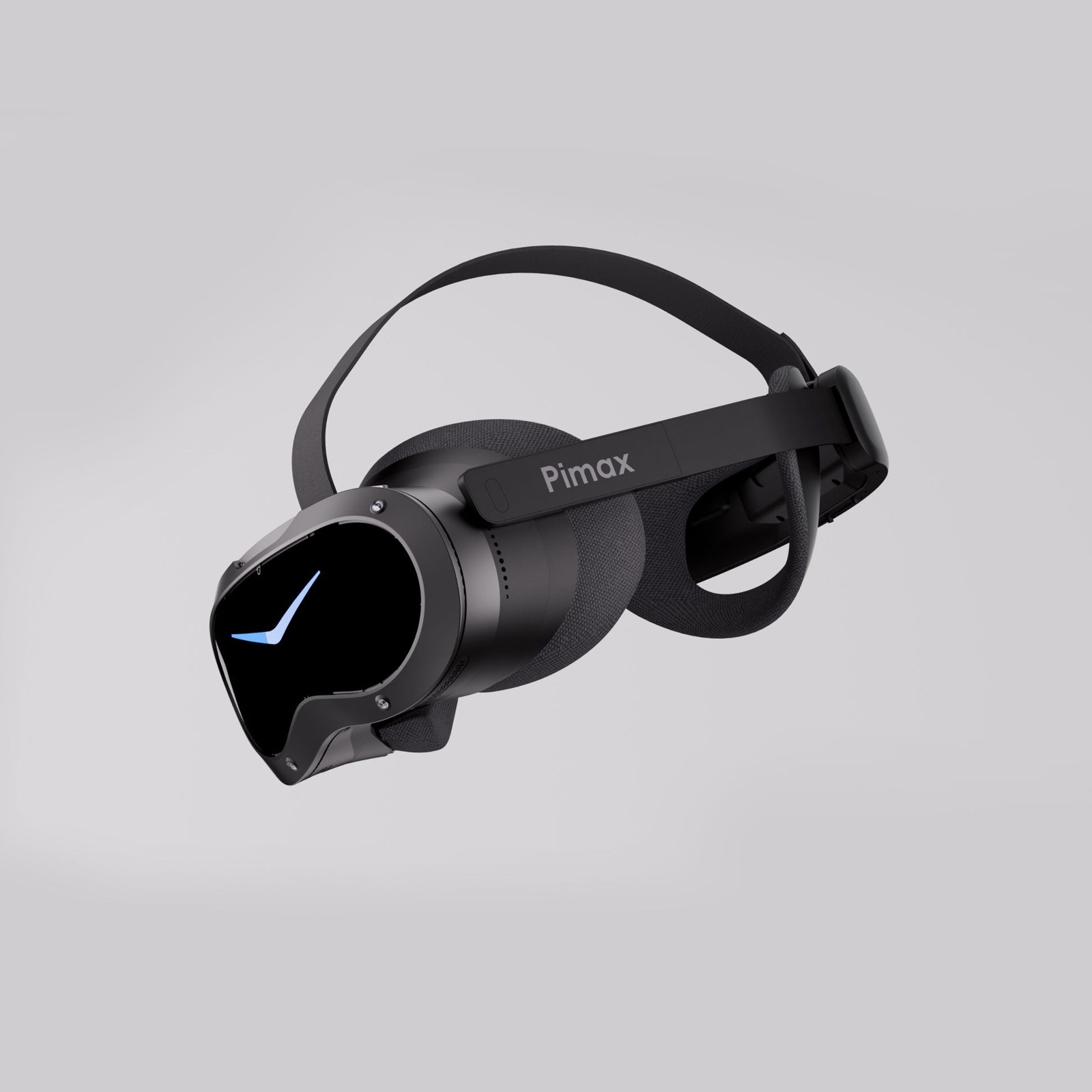 The black Pimax Crystal Pro from a front three-quarter angle, with the Pimax logo on its strap arm