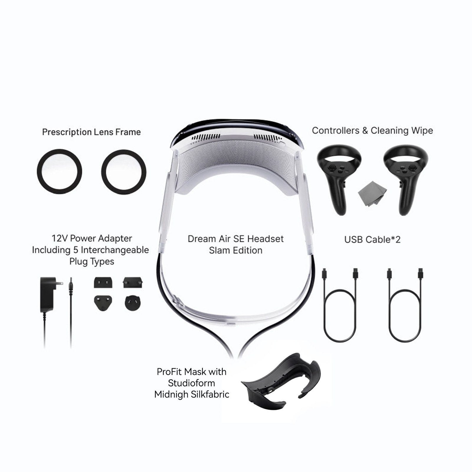 Pimax Dream Air SE SLAM edition box contents: headset, two controllers, prescription lens frames, ProFit mask, power adapter and cables