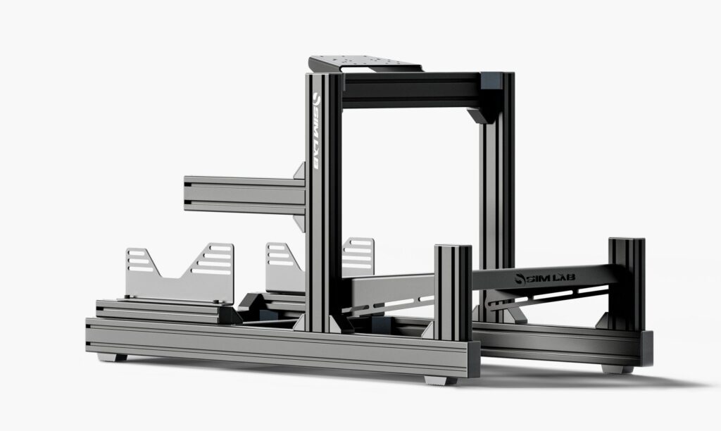 Sim-Lab GT1 Evo bare aluminium profile frame with its wheel deck and seat brackets