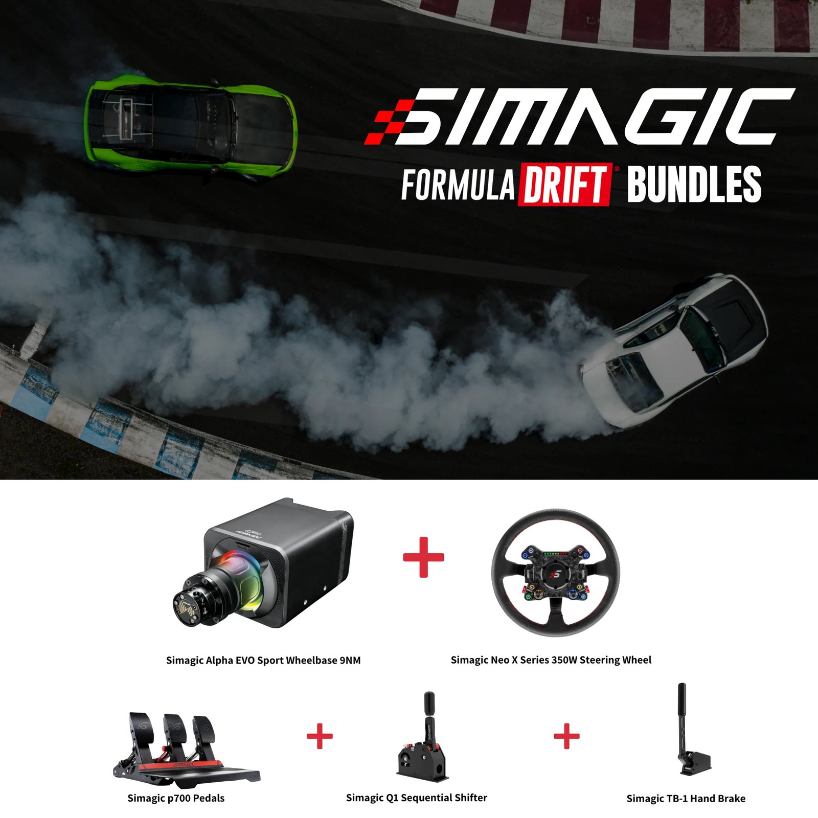 Simagic Formula Drift bundle artwork showing the Alpha EVO Sport base, NEO X wheel, P700 pedals, Q1 shifter and TB-1 handbrake
