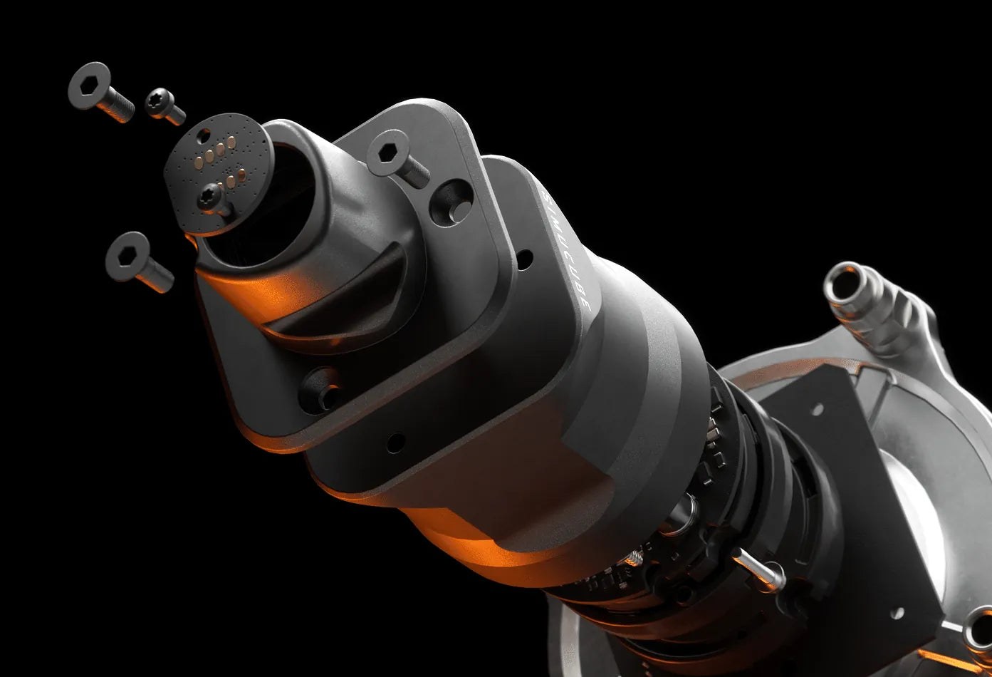 Render of the Simucube 3 shaft and quick release with its fixing screws