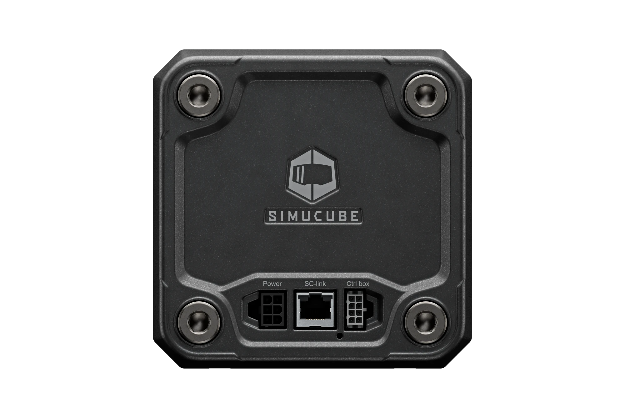 Rear panel of a Simucube 3 with the power, SC-Link and control box ports