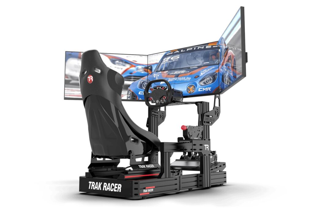 Trak Racer Cockpit-Mounted Triple Monitor Stand on an aluminium profile sim rig