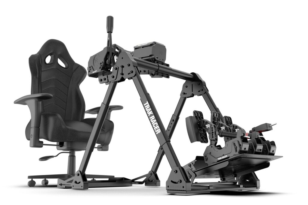 Trak Racer FS3 V2 wheel stand with an office chair, a direct drive base and pedals