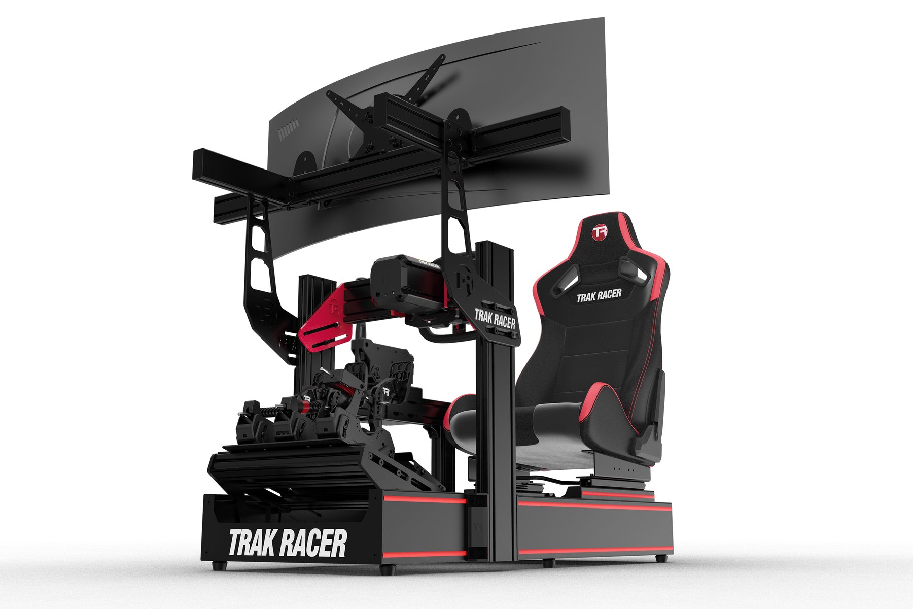 Trak Racer TR160 V5 cockpit with a bucket seat, pedal tray and a curved monitor on an overhead mount