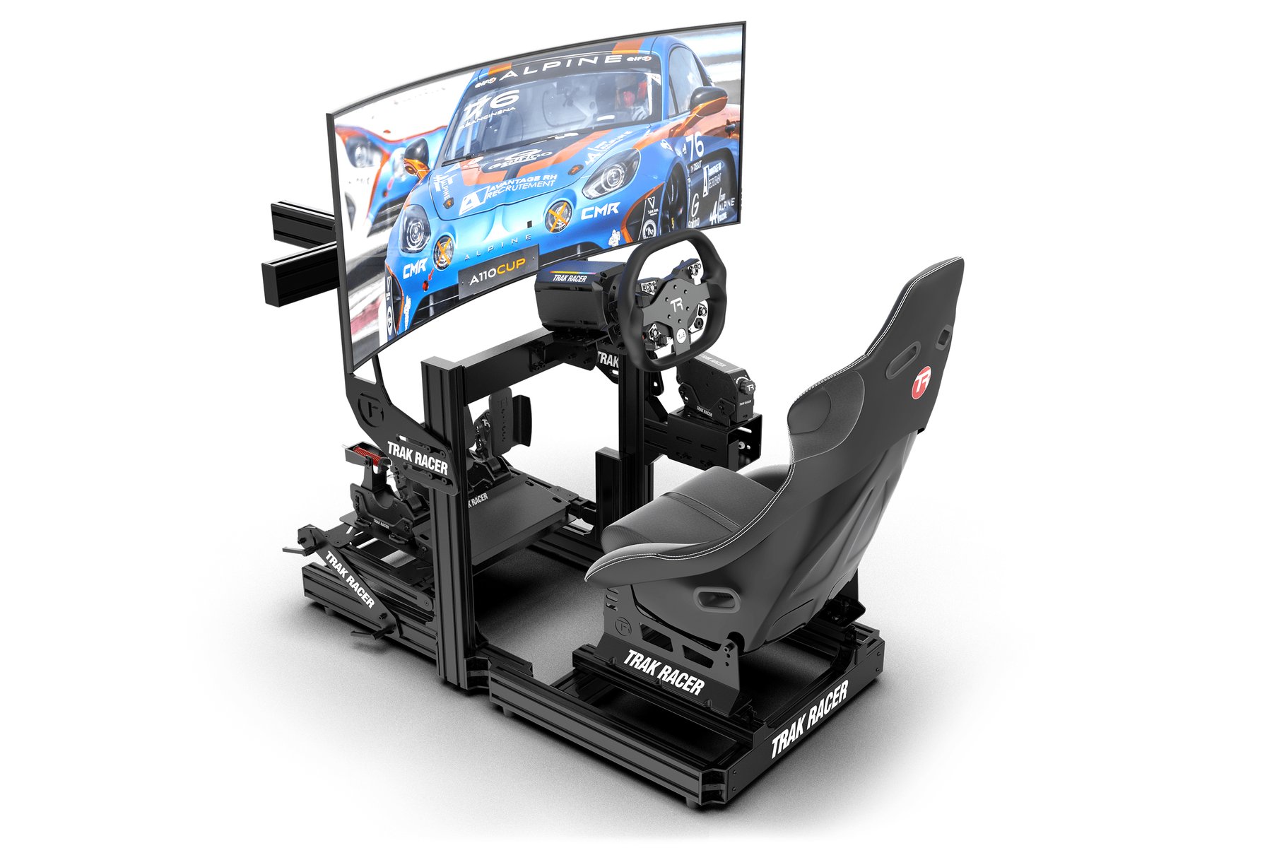Trak Racer TR80S aluminium profile cockpit with a bucket seat and a curved monitor
